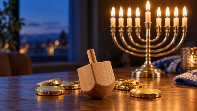 A wooden dreidel sits on a wooden table amidst chocolate gelt coins. In the background, against a blue backdrop, stands a menorah with lit candles. Hanukkah celebrations.