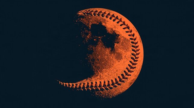 Glowing amber crescent moon shaped like a baseball with stitched seams in deep outer space, dramatic cosmic artwork for astronomy and sports posters