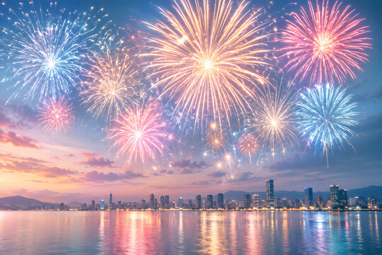 Pastel fireworks above city skyline and bay at twilight