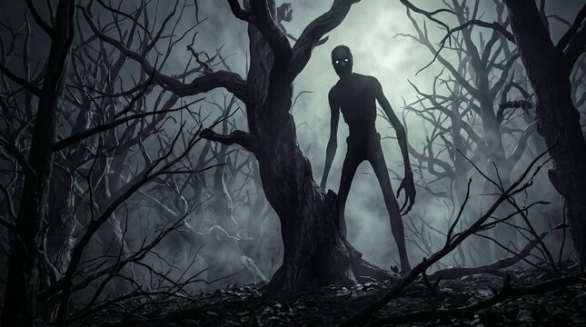 A tall thin creature with glowing eyes stands in dark woods