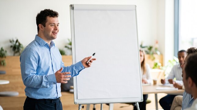 Man with Down Syndrome leads a business meeting presentation, promoting inclusion and diversity in the workplace during Human Rights Month