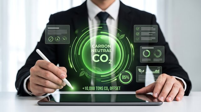 Green business transformation technology illustrating CO2 offsetting, climate action, and measurable sustainability performance