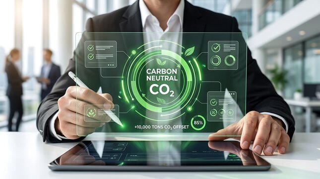 Digital climate action dashboard featuring CO2 offsetting, carbon neutral strategy, and sustainability performance monitoring