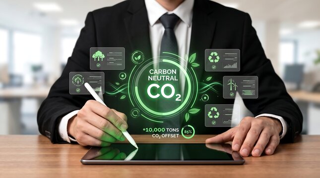 Enterprise sustainability management technology showing carbon emissions data, verified offsets, and environmental impact analytics
