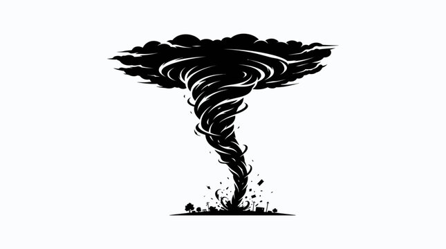 Black silhouette of a tornado over a landscape with scattered debris