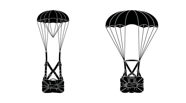 Two black silhouette illustrations depict parachutes with harness systems