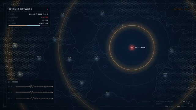 Seismic network map tracking an earthquake epicenter as shockwave rings spread outward