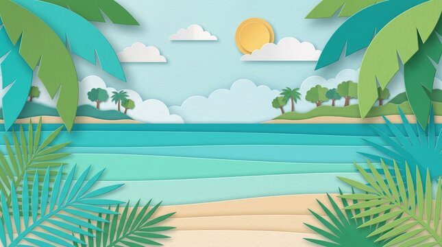 Tropical beach vector illustration with layered paper cut style, palm trees, ocean sea, and sun background