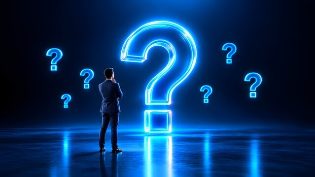 Businessman in dark suit facing large glowing blue question marks. Concept of corporate problem solving and digital consulting.
