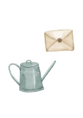 A handmade drawing features a watering can and an envelope. The watering can is gray and has a long spout. The envelope is beige and sealed with a button. © Олена Пляка