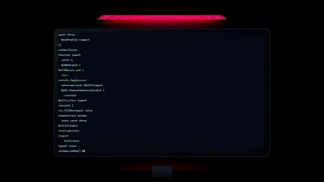 Digital screen displaying scrolling computer code transitioning into a red fatal error system warning