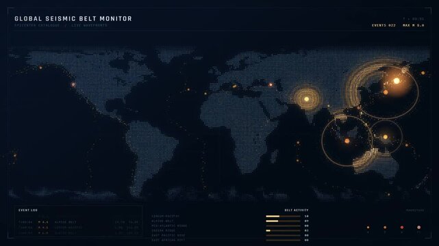World map dashboard pulsing earthquake events along global seismic belts with event log