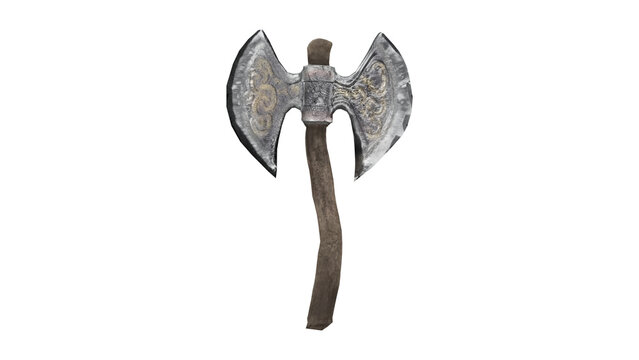 3d rendering of a double bladed axe on a white background