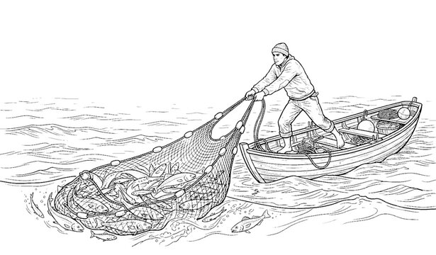 Fisherman Pulling Fishing Net Full of Fish from Boat, Ocean Seafood Catch and Marine Work, Black White Vector Illustration