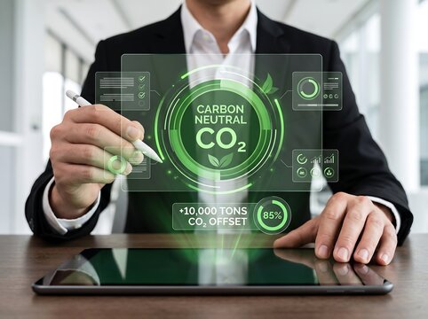 Green technology concept featuring carbon offset verification, CO2 management, and sustainable business performance analytics