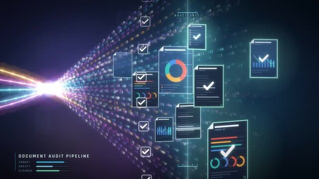 Document audit pipeline animation with approved files and checkmarks flying through a data stream