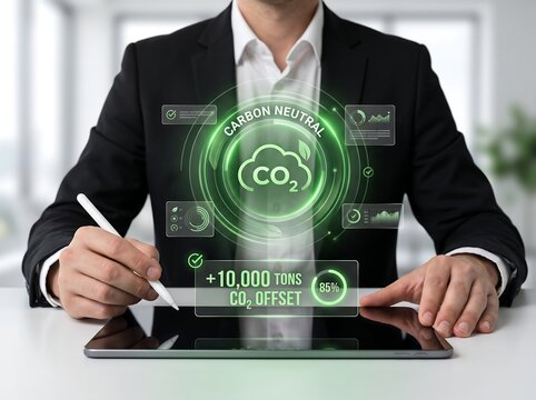 Carbon neutral business technology visualizing CO2 offsetting and verified sustainability performance through holographic environmental analytics