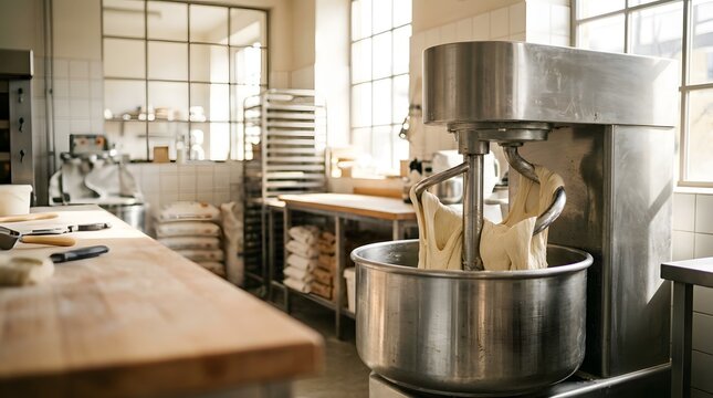 Industrial dough mixer working in a professional bakery kitchen