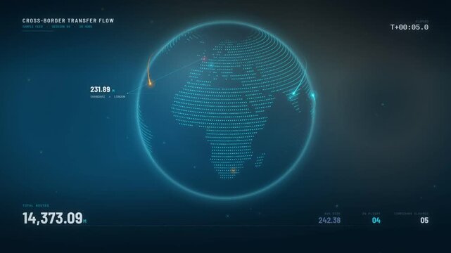 Cross-border payment transfer flow on a rotating digital globe with rising total value counter
