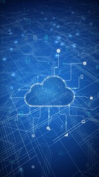 Binary code cloud icon linked to technology service icons, vertical animation for mobile screens