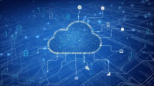 Cloud computing network with a binary code cloud icon connected to digital service icons