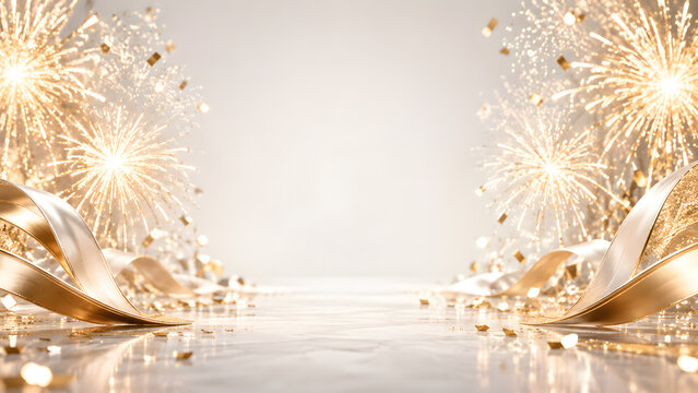 Gold fireworks with silk ribbons and confetti on white background