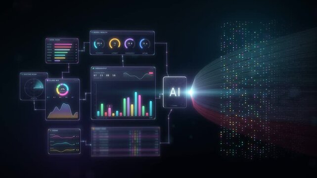 AI data analytics dashboard building from raw data particles with charts and performance gauges