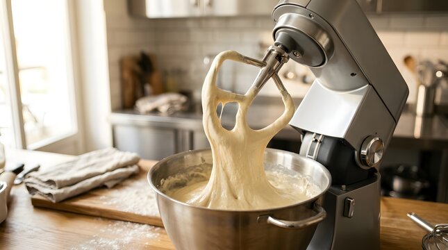 Silver electric stand mixer blending sticky bread dough in home kitchen