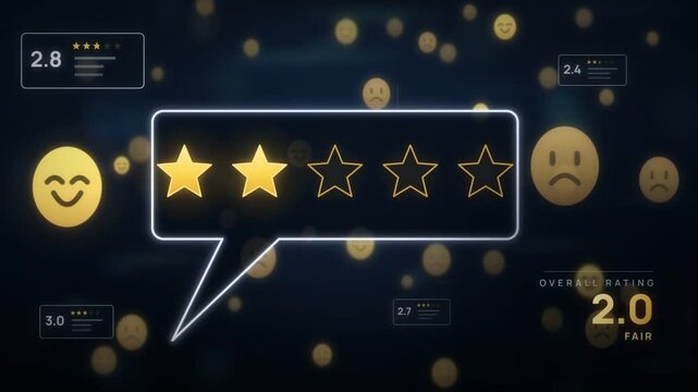Five star customer rating filling with overall score rising to five and emoji feedback faces