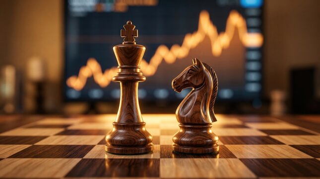 Wooden king and knight chess pieces with stock market graph background
