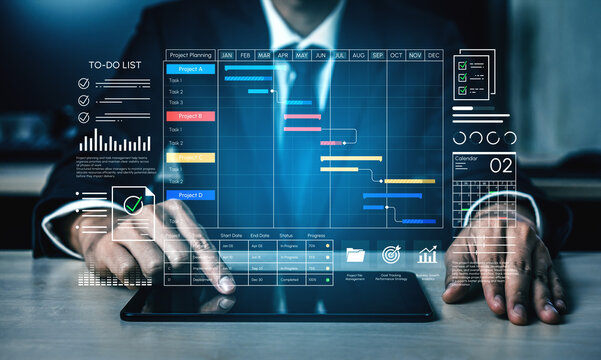 Business Person Interacting with Project Management Tool on Tablet, Visualizing Data and Workflow in a Modern Office Environment with Gantt Chart and Analytics. Entropy.