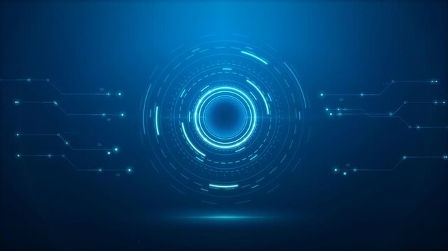 Futuristic HUD circle background with rotating tech rings, circuit lines and pulsing blue glow