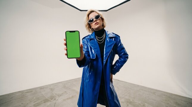 Low Angle View of Fashion Woman Displaying Phone Green Screen Mockup in Studio
