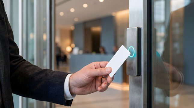Businessman swiping a blank electronic keycard to unlock a glass office door, corporate access control, workplace security.