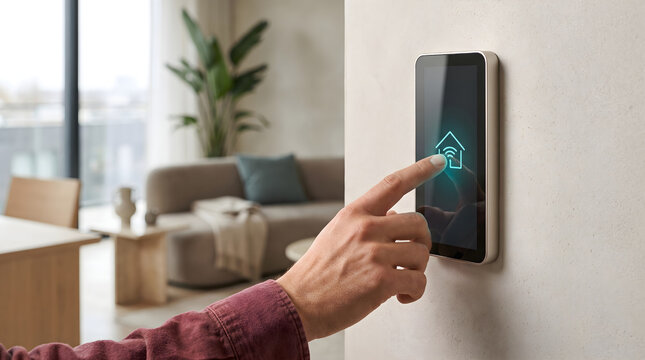 Person using a smart home control panel mounted on a wall in a bright modern living room, home automation technology.