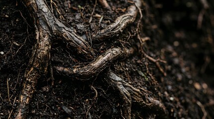 Fototapeta premium Close up view of twisted tree roots protruding from dark damp soil