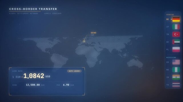 Currency exchange rate panel with international money transfer routes on a world map