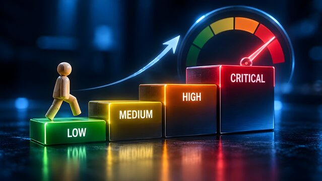 Wooden figure climbing color-coded stairs towards critical level indicator representing risk assessment and performance growth
