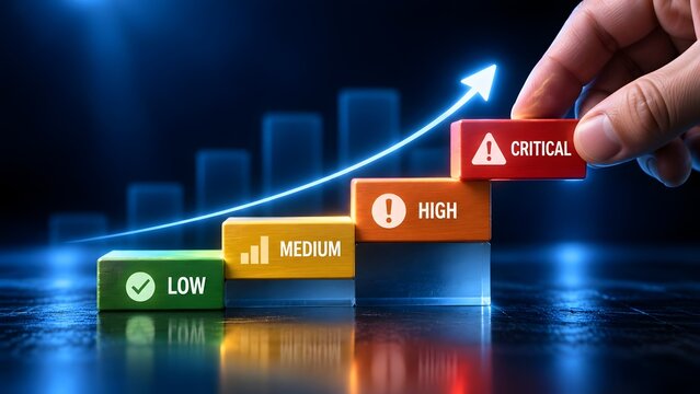 Hand placing critical red block on rising risk assessment staircase chart showing low to critical levels of business evaluation