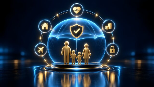 Golden family figures protected by glowing digital umbrella with shield checkmark and comprehensive life health property insurance icons