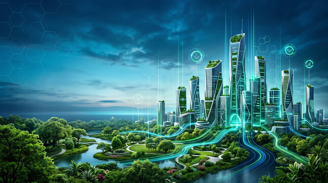 Smart city infrastructure with glowing data streams and green buildings representing sustainable urban development and future eco friendly technology