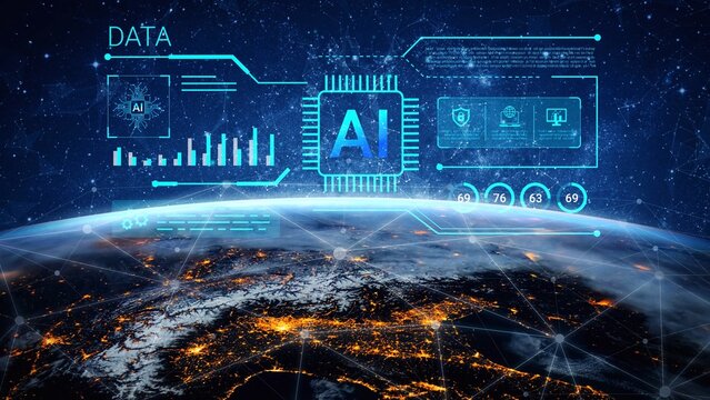 Futuristic Data Visualization of Artificial Intelligence Over a Planet, Combining Elements of Technology, Space, and Global Connectivity Gluon.