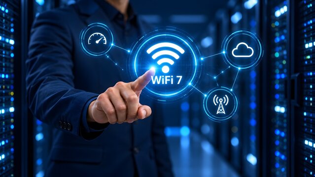 Businessman interacting with glowing WiFi 7 digital interface in server room representing next generation high speed wireless network technology and enterprise connectivity