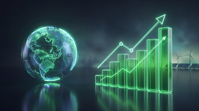 Sustainable financial growth concept with glowing holographic earth and rising bar chart representing esg investing and green energy economics