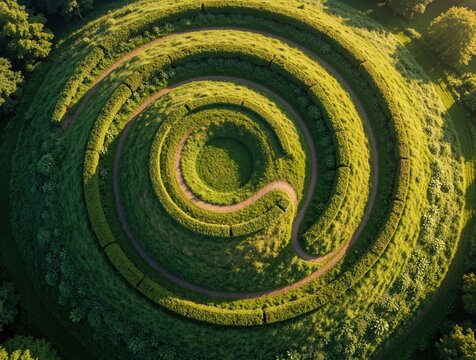 Aerial view of a green spiral hill with winding pathways and sculpted hedges. This unique landscape design features concentric circles and a textured grassy surface, set within a natural environment.