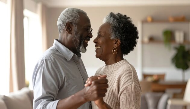 Elderly Black couple dancing together in a cozy home.