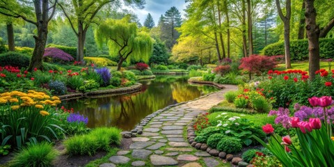 Obraz premium Serene garden scene with lush greenery and vibrant flowers surrounded by tall trees and a meandering stone path leading to a tranquil pond , landscape design, nature