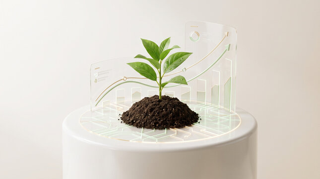 AgTech precision farming concept with green plant sprout on digital circuitry and financial analytics dashboard