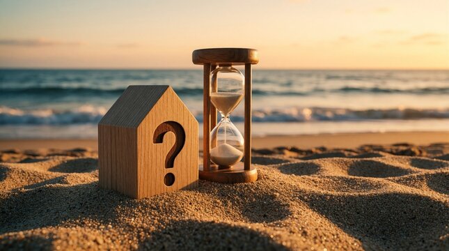 Wooden house with question mark and hourglass on sand beach. Ocean waves and sunset sky in background. Symbolizes uncertainty in home ownership or time passing.