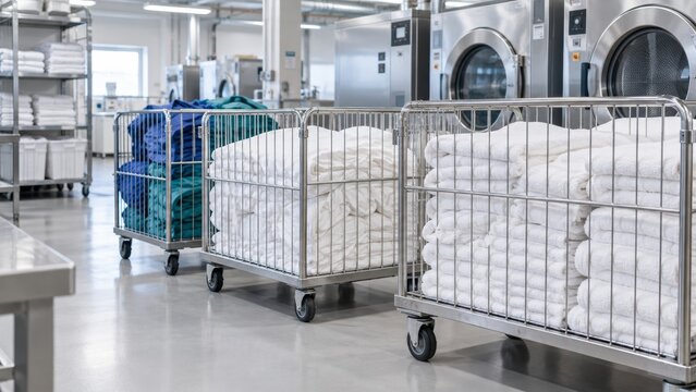 Industrial laundry facility with large metal carts for linen sorting and commercial washing machines. concept of efficient textile management, cleanliness, and organized laundry services.